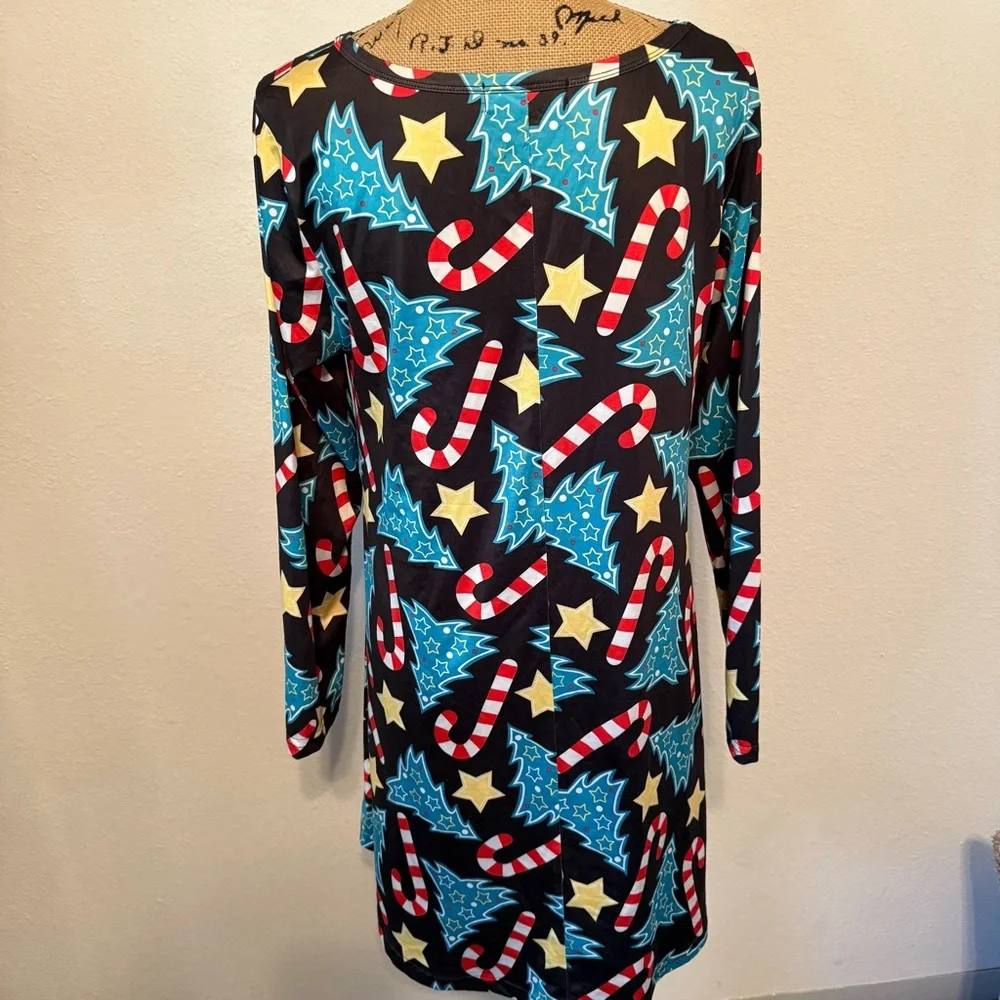 Christmas dress with bright colors, candy canes and trees large